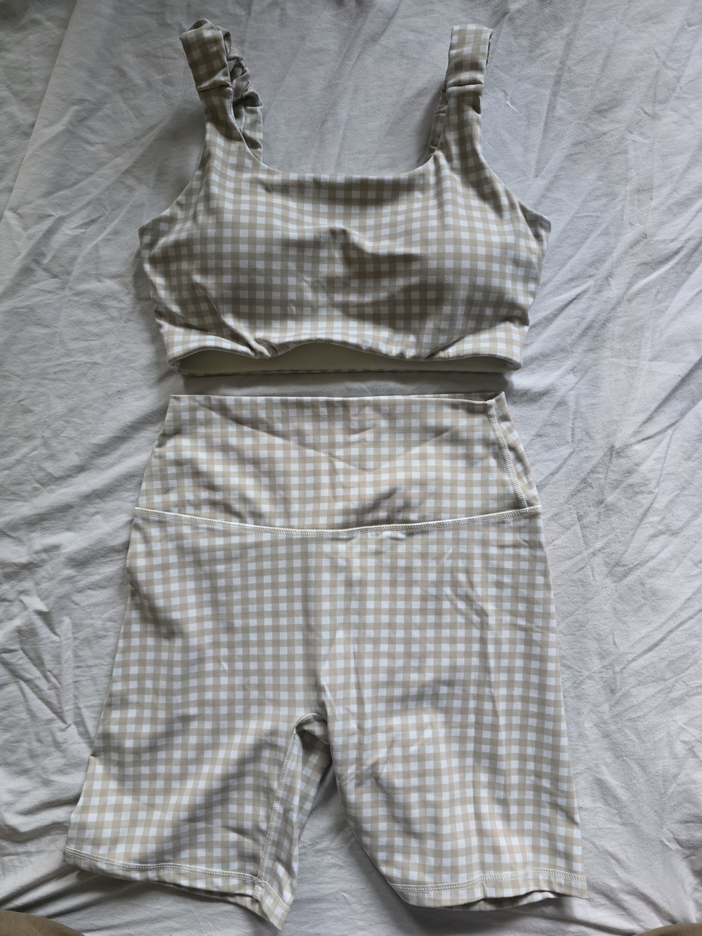 Gingham High-Waist Bike Shorts & Crop Tank Set - Cream Check